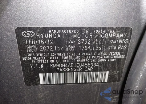 2012 Hyundai Elantra Gls (Ulsan Plant) from USA, damaged, VIN KMHDH4AE1CU456934